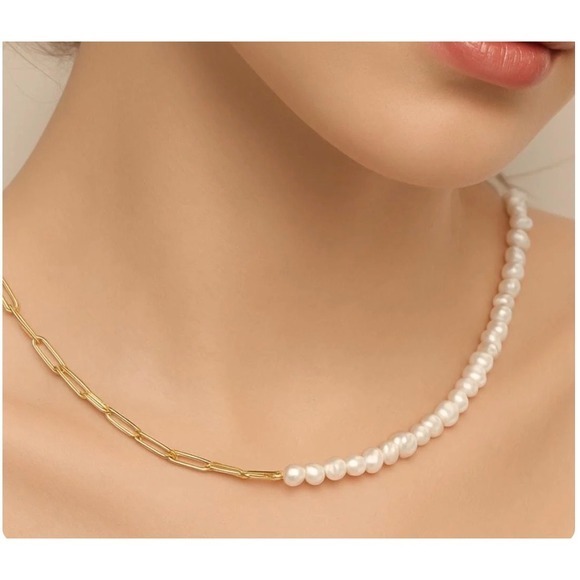 Jewelry - Baroque Pearl Paperclip Chain Necklace 925 Sterling Silver Gold Tone 16-18 Inch